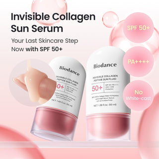 Biodance Invisible Collagen Peptide Sun Fluid SPF50+ PA++++ 50ml with 62% Collagen Water, 243Da Collagen and 10 Peptides for lightweight invisible UVA UVB protection and hydrated firm-looking skin in UAE.