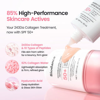 Biodance Invisible Collagen Peptide Sun Fluid SPF50+ PA++++ 50ml with 62% Collagen Water, 243Da Collagen and 10 Peptides for lightweight invisible UVA UVB protection and hydrated firm-looking skin in UAE.