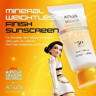 Anua Mineral Weightless Finish Sunscreen SPF50 PA++++ 50ml KPop Demon Hunters Zoey Edition with Zinc Oxide, Panthenol, Allantoin and Ceramide for sensitive-skin mineral UV protection in UAE.
