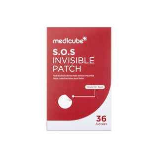 Medicube S.O.S Invisible Patch box with 36 ultra-thin hydrocolloid blemish patches containing Salicylic Acid and Tea Tree Oil to absorb impurities and help spots appear flatter in UAE.