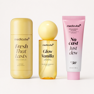 Medicube Vanilla Glow bundle of three featuring Glow Vanilla Hair and Body Fragrance Mist 100ml, Fresh That Lasts Vanilla and Pistachio Deodorant 83g, and No Cast Just Dew PDRN SPF50 sunscreen 50ml in UAE.