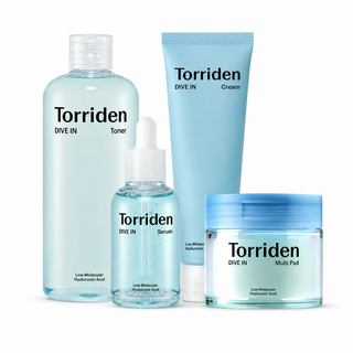 Torriden Ultimate Hydration Station 4-piece DIVE IN skincare set with Hyaluronic Acid Toner 300ml, Serum 50ml, Cream 80ml and Multi Pads for deep hydration and plump skin in UAE.