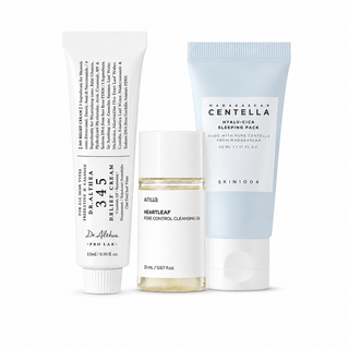 3-piece Korean Travel Mini Skincare Set with Anua Heartleaf Pore Control Cleansing Oil 20ml, Dr. Althea 345 Relief Cream 15ml and SKIN1004 Hyalu-Cica Sleeping Pack 30ml in UAE.